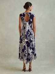 Reiss Blue Becci Printed Open Back Midi Dress - Image 4 of 5