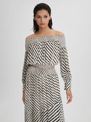 Reiss Black/Cream Lea Striped Bardot Cropped Top - Image 1 of 5