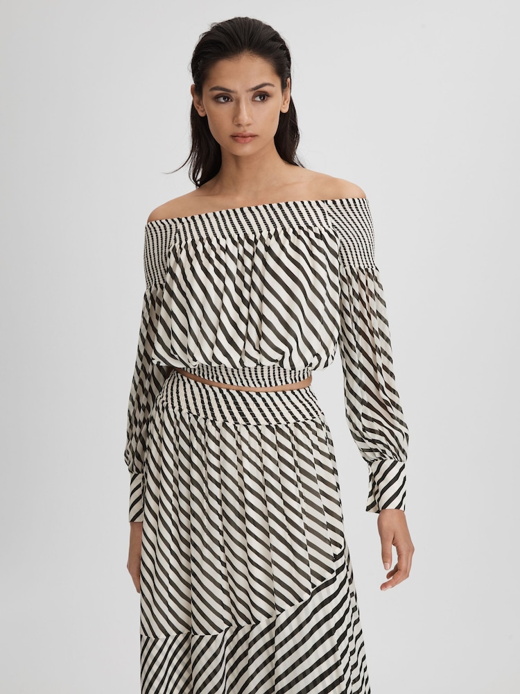Reiss Black/Cream Lea Striped Bardot Cropped Top - Image 1 of 5