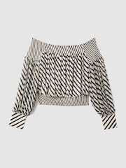 Reiss Black/Cream Lea Striped Bardot Cropped Top - Image 2 of 5