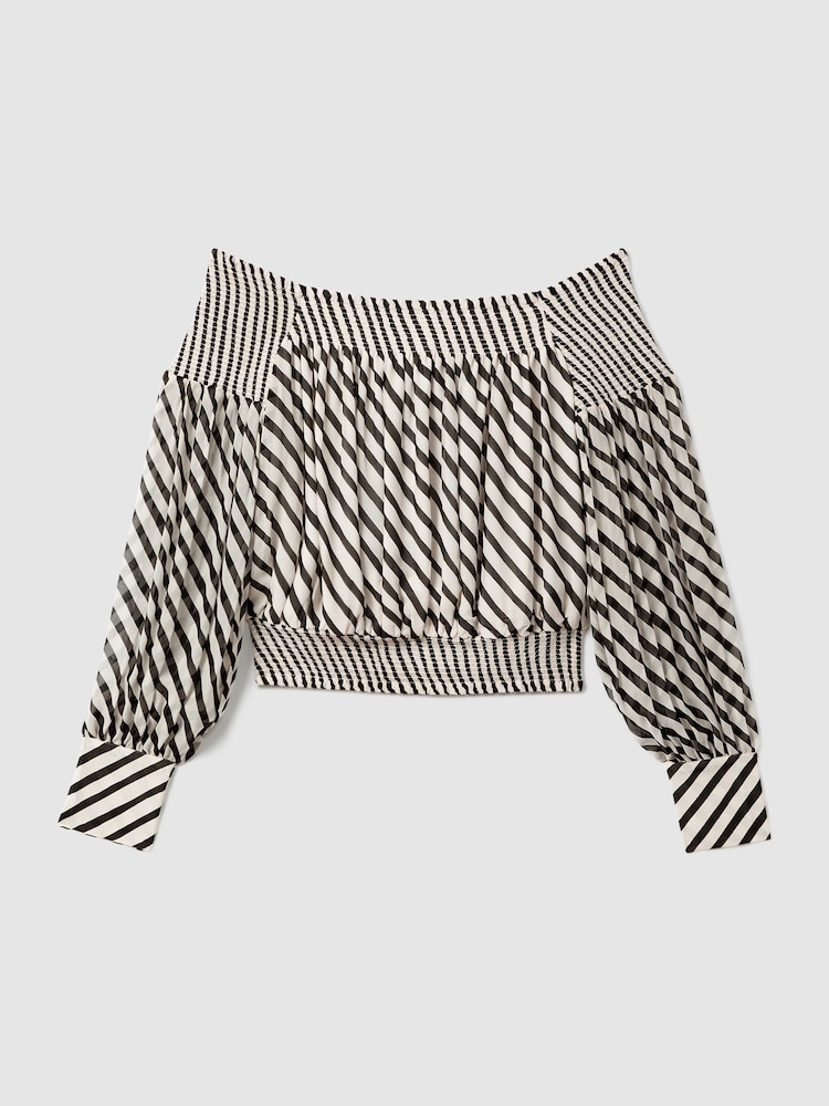Reiss Black/Cream Lea Striped Bardot Cropped Top - Image 2 of 5