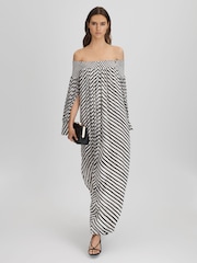 Reiss Black/Cream Fabia Striped Bardot Maxi Dress - Image 1 of 7