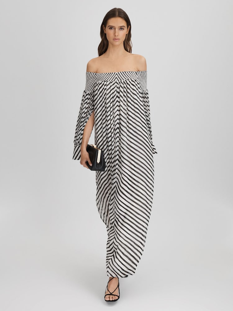 Reiss Black/Cream Fabia Striped Bardot Maxi Dress - Image 1 of 7