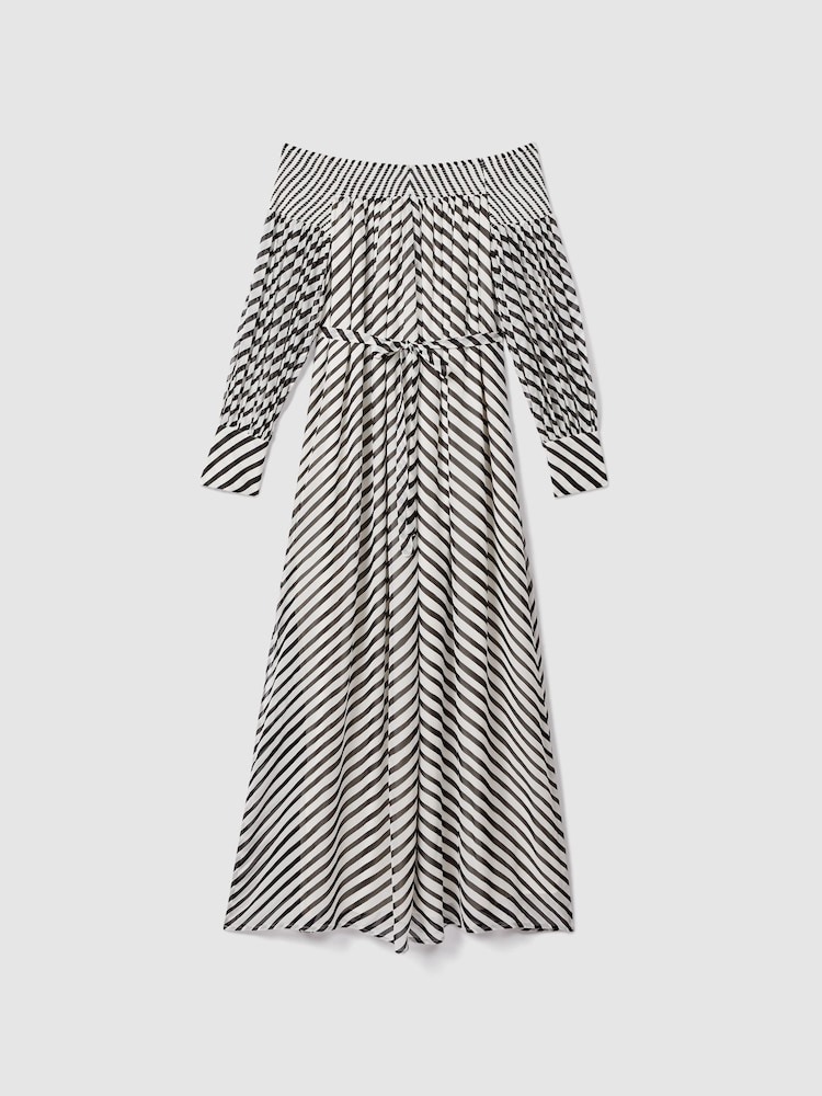 Reiss Black/Cream Fabia Striped Bardot Maxi Dress - Image 2 of 7