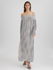 Reiss Black/Cream Fabia Striped Bardot Maxi Dress - Image 3 of 7