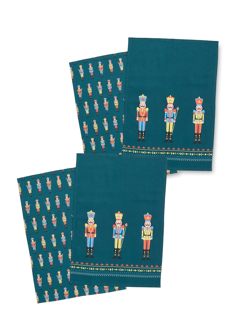 Catherine Lansfield 4 Pack Green Christmas Nutcracker Kitchen 100% Cotton Tea Towels - Image 3 of 3