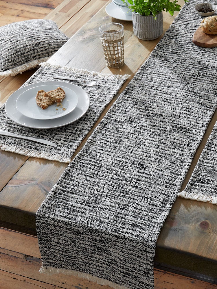 Pineapple Elephant Black Textured Frayed Edge 100% Cotton Table Runner - Image 1 of 5