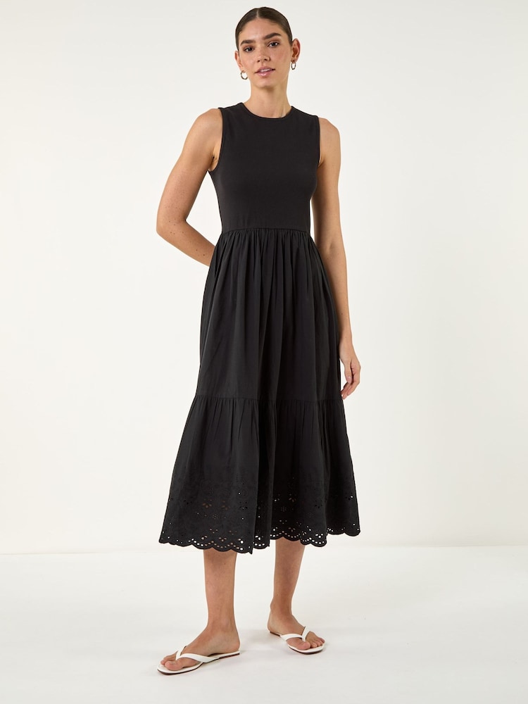 Roman Black Cotton Broderie Midi Dress - Image 1 of 4