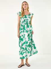 Roman Green Floral Print Frill Shirred Midi Dress - Image 1 of 5