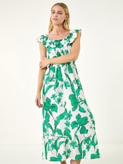 Roman Green Floral Print Frill Shirred Midi Dress - Image 2 of 5