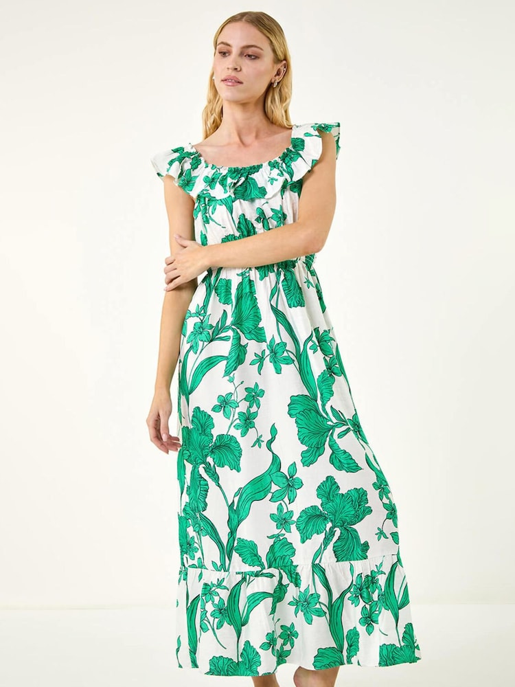 Roman Green Floral Print Frill Shirred Midi Dress - Image 2 of 5 Roman Green Floral Print Frill Shirred Midi Dress - Image 2 of 5