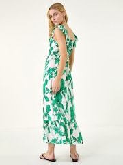 Roman Green Floral Print Frill Shirred Midi Dress - Image 3 of 5