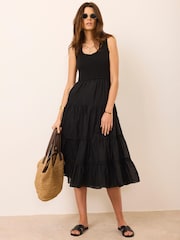 Μαύρο - Mint Velvet Crochet Trim Tiered Midi Dress - Εικόνα 1 από 8