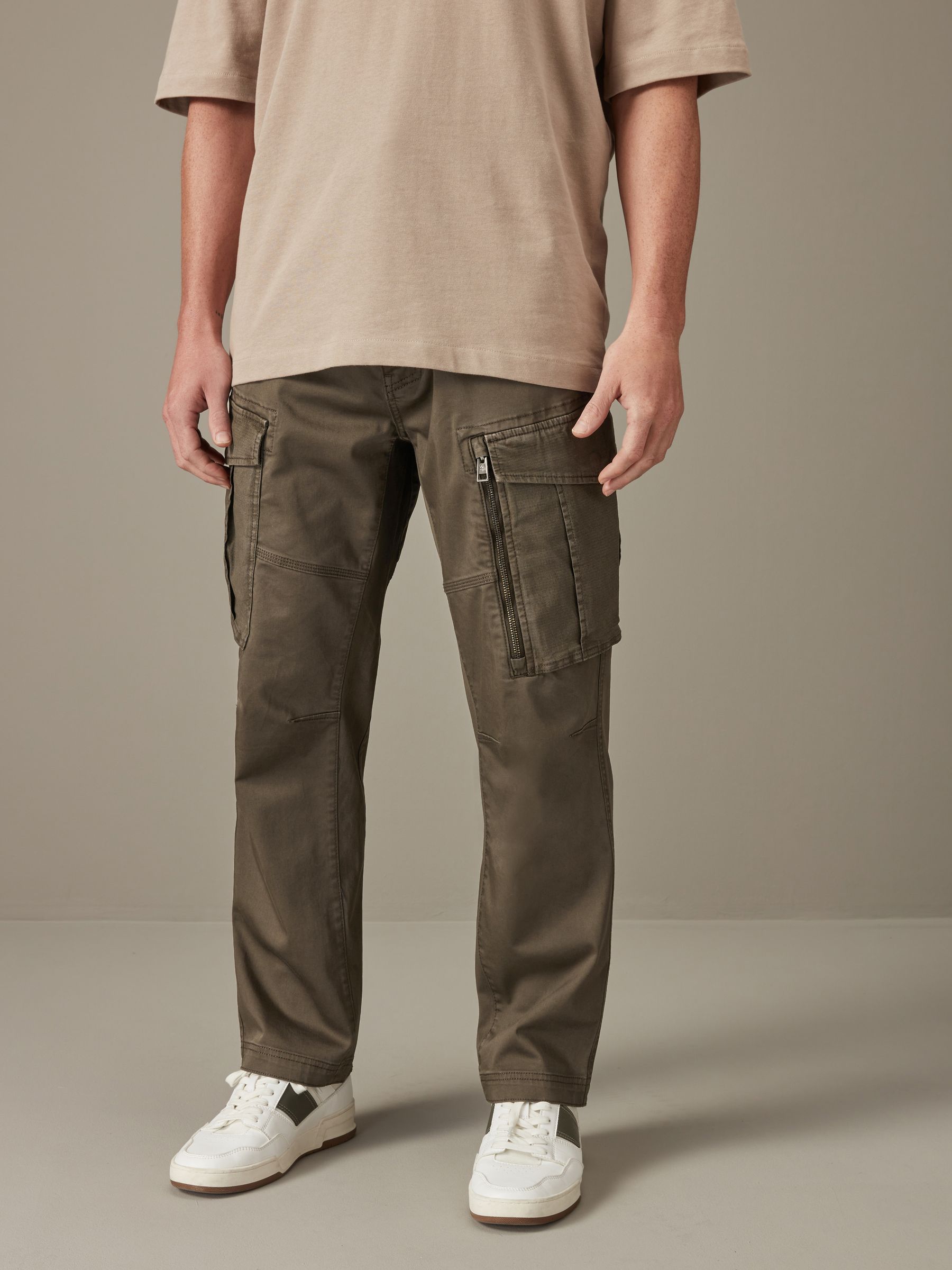 Buy Dark Khaki Green Straight Fit Zip Detail Stretch Cargo Shorts from Next Luxembourg
