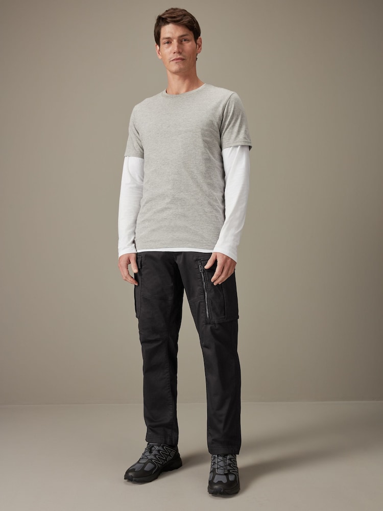 Black Straight Fit Zip Detail Stretch Cargo Trousers - Image 1 of 12 Black Straight Fit Zip Detail Stretch Cargo Trousers - Image 1 of 12