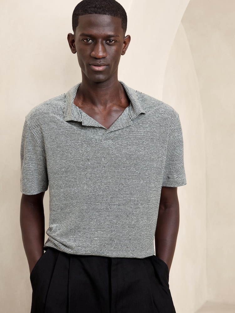 Banana Republic Black/White Stripe Linen Polo Shirt - Image 1 of 1
