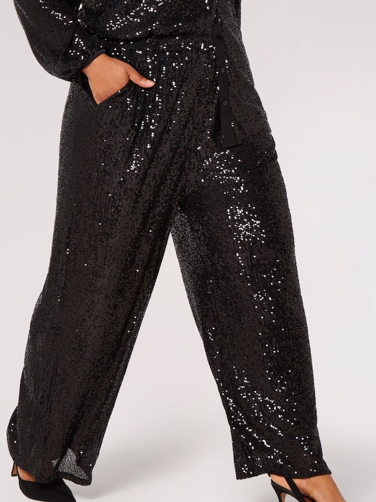Apricot Black Sequin Palazzo Trousers - Image 1 of 4