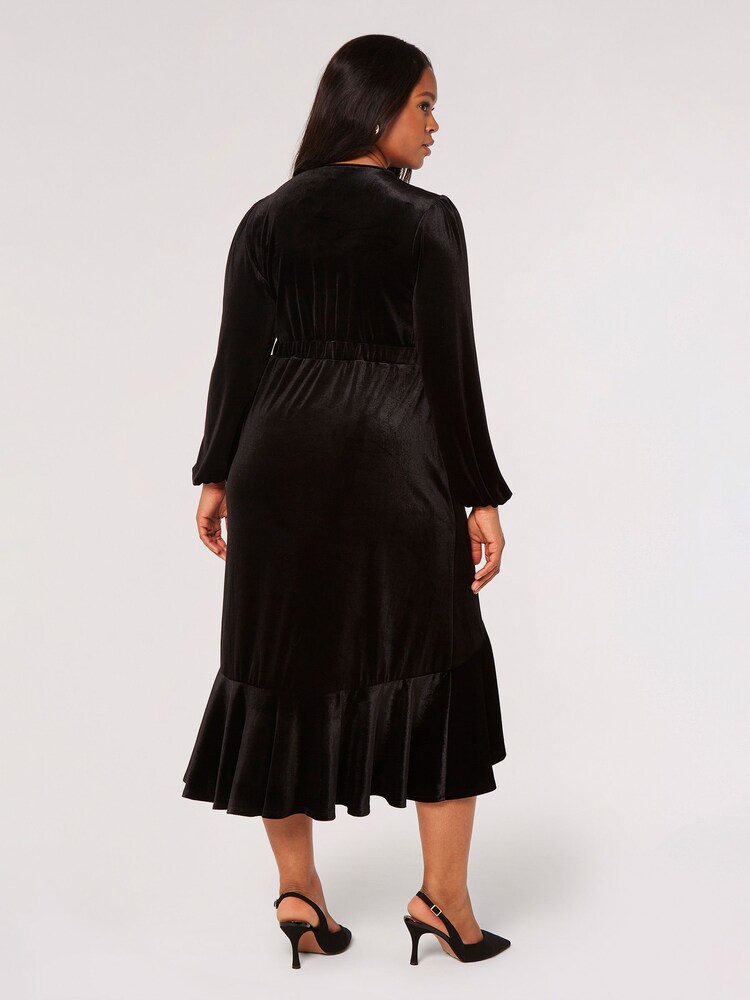 Apricot Black Velvet Faux Wrap Billow Sleeve Dress - Image 2 of 4