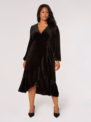 Apricot Black Velvet Faux Wrap Billow Sleeve Dress - Image 3 of 4