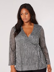 Apricot Silver Plisse Angel Sleeve Wrap Top - Image 1 of 4