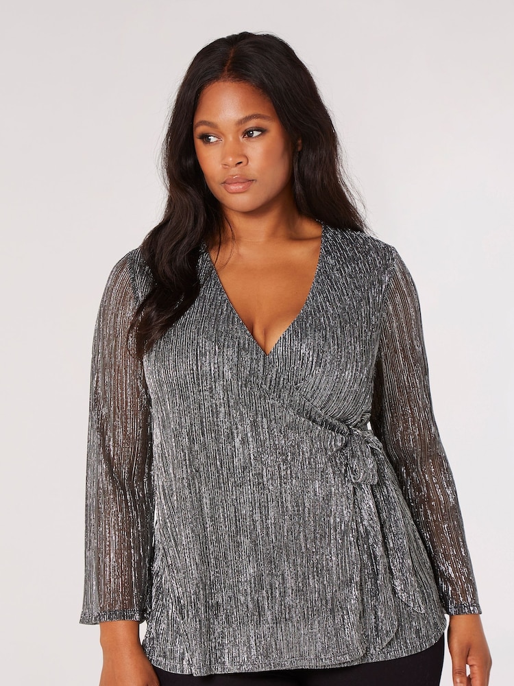 Apricot Silver Plisse Angel Sleeve Wrap Top - Image 1 of 4 Apricot Silver Plisse Angel Sleeve Wrap Top - Image 1 of 4