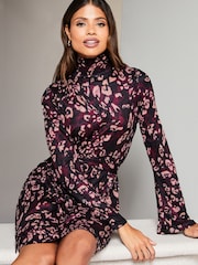 Lipsy Red Petite Jersey Tie Waist High Neck Long Sleeve Shift Mini Dress - Image 4 of 4