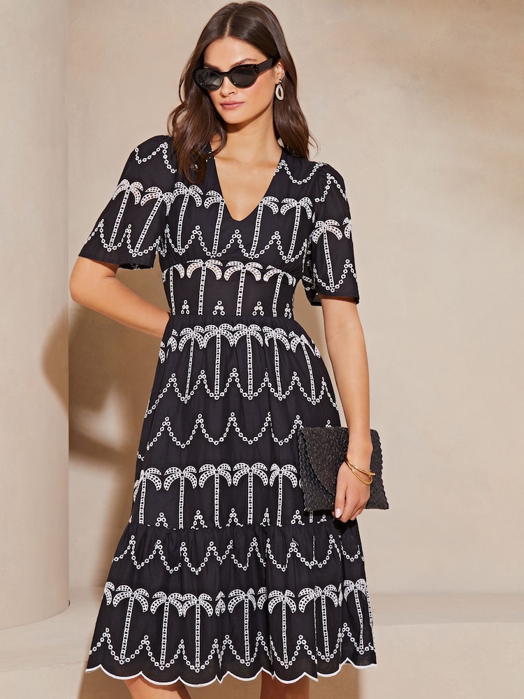 Lipsy Black/White Broderie Short Sleeve Palm Embroidered Midi Summer Dress - Image 1 of 4 Lipsy Black/White Broderie Short Sleeve Palm Embroidered Midi Summer Dress - Image 1 of 4