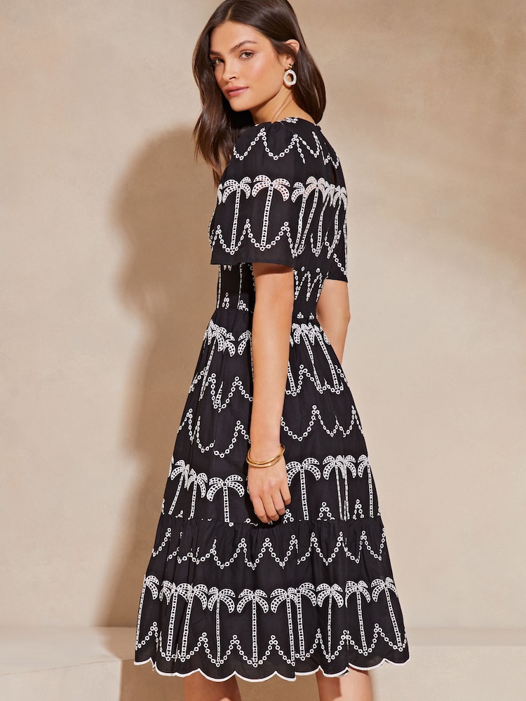 Lipsy Black/White Broderie Short Sleeve Palm Embroidered Midi Summer Dress - Image 2 of 4