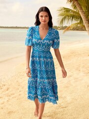 Lipsy Blue Broderie Short Sleeve Palm Embroidered Midi Summer Dress - Image 1 of 4