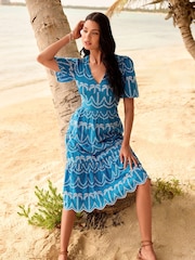 Lipsy Blue Broderie Short Sleeve Palm Embroidered Midi Summer Dress - Image 2 of 4
