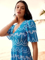 Lipsy Blue Broderie Short Sleeve Palm Embroidered Midi Summer Dress - Image 3 of 4