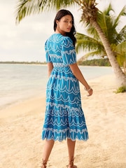 Lipsy Blue Broderie Short Sleeve Palm Embroidered Midi Summer Dress - Image 4 of 4