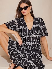Lipsy Black/White Petite Broderie Short Sleeve Palm Embroidered Midi Summer Dress - Image 3 of 4