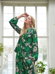 Another Sunday Long Sleeved Satin Black Blouse In Green Floral Print - Image 1 of 5