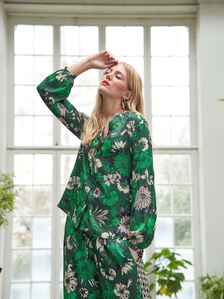 Another Sunday Long Sleeved Satin Black Blouse In Green Floral Print - Image 1 of 5