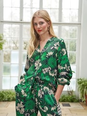 Another Sunday Long Sleeved Satin Black Blouse In Green Floral Print - Image 2 of 5