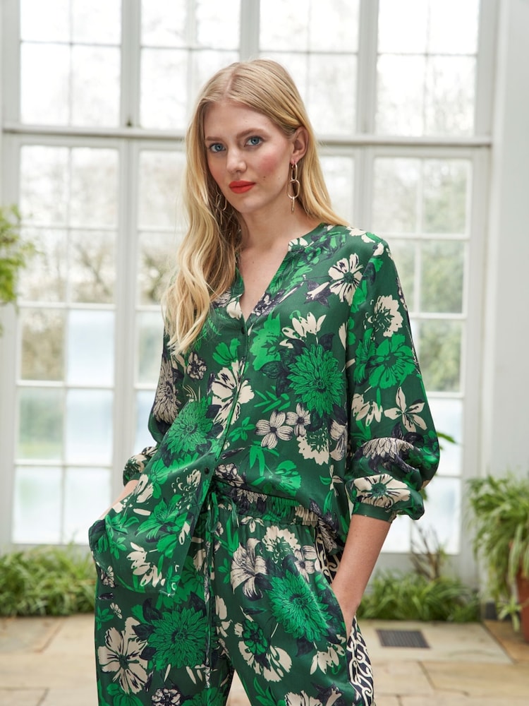 Another Sunday Long Sleeved Satin Black Blouse In Green Floral Print - Image 2 of 5