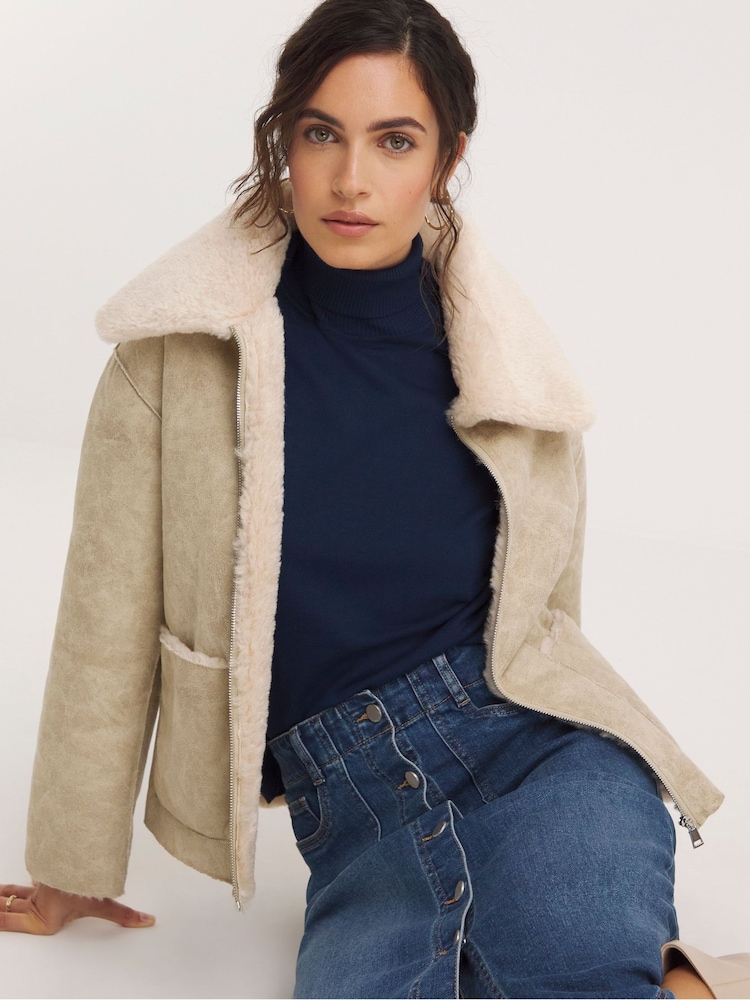 JD Williams Cream Opp Aviator Jacket - Image 1 of 4 JD Williams Cream Opp Aviator Jacket - Image 1 of 4