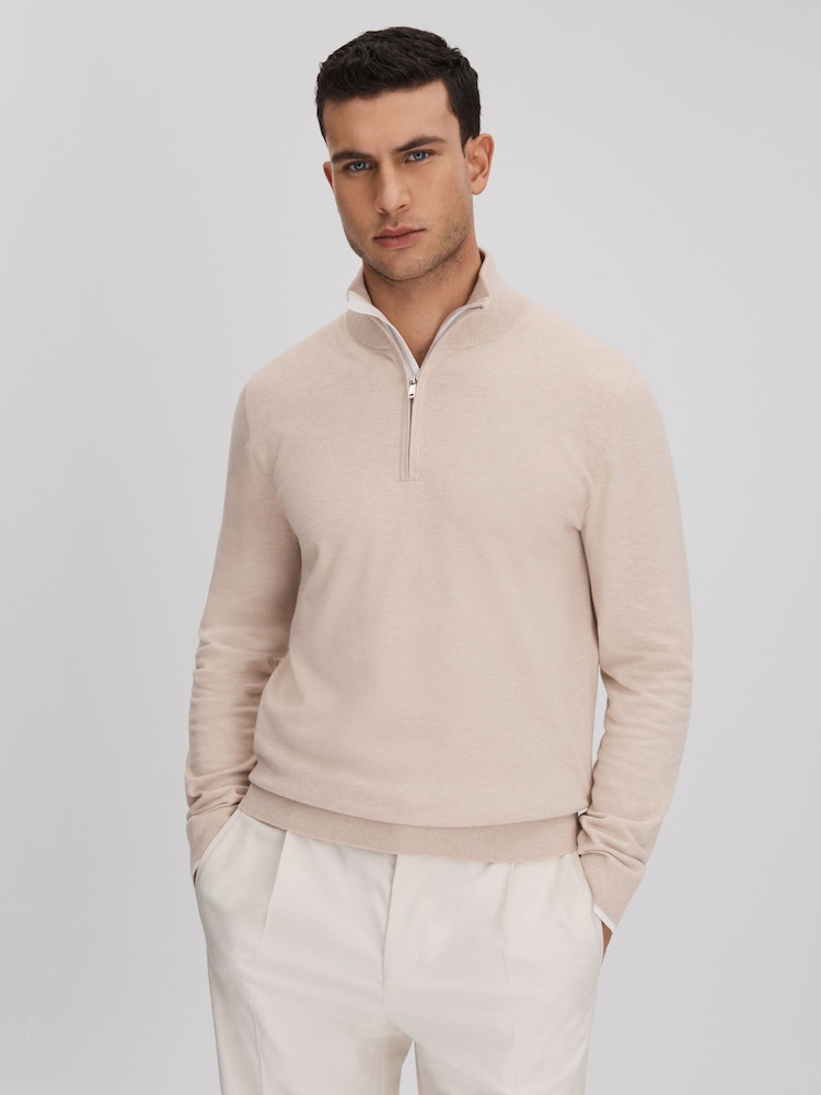 Reiss Camel Swinley Cotton Blend Half-Zip Funnel Neck Jumper - Image 1 of 7