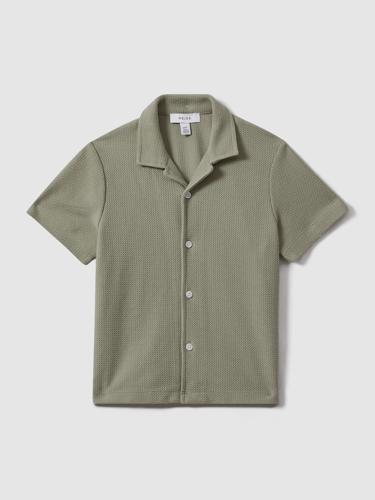 Reiss Pistachio Gerrard 3-9 yrs Textured Cotton Cuban Collar Shirt - Image 2 of 4 Reiss Pistachio Gerrard 3-9 yrs Textured Cotton Cuban Collar Shirt - Image 2 of 4