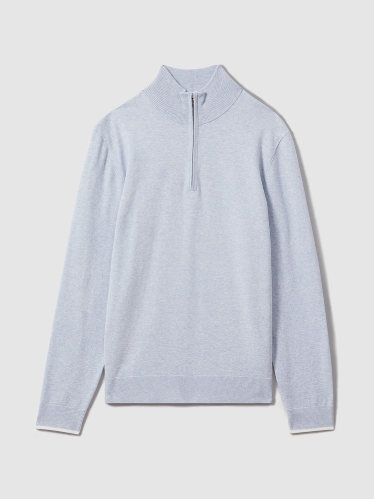 Reiss Soft Blue Melange Swinley Cotton Blend Half-Zip Funnel Neck Jumper - Image 2 of 6