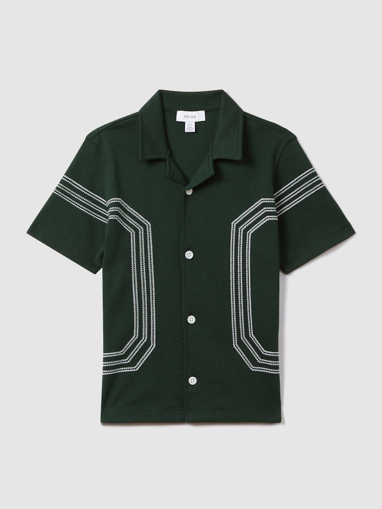 Reiss Green Arlington Junior Cotton Embroidered Cuban Collar Shirt - Image 2 of 7