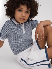 Reiss Blue Brunswick Junior Geometric Design Knitted Polo Shirt - Image 1 of 4
