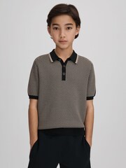 Reiss Hunting Green Brunswick Teen Geometric Design Knitted Polo Shirt - Image 2 of 6