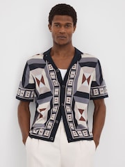 Reiss Blue Multi Beresford Knitted Cuban Collar Shirt - Image 1 of 6