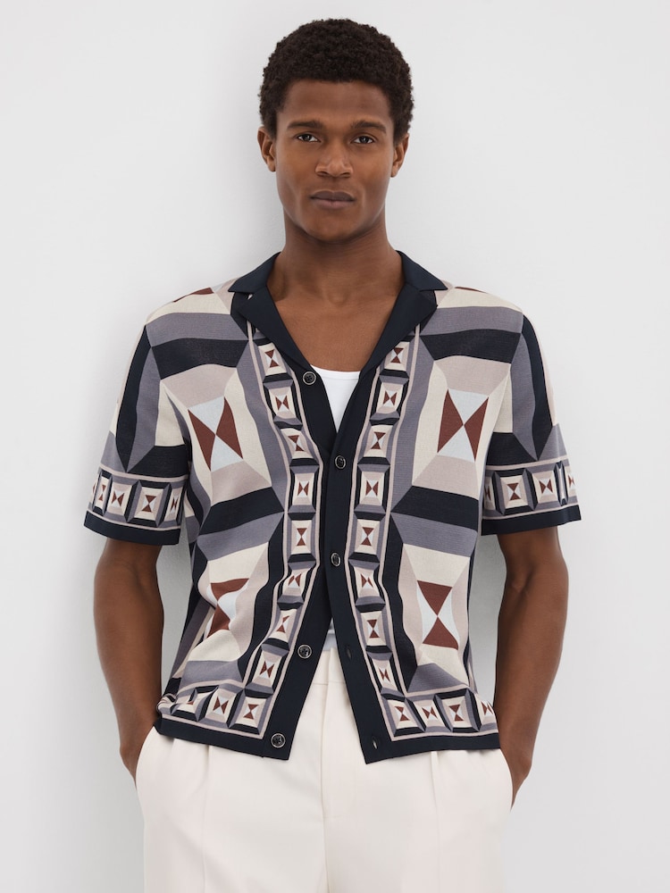 Reiss Blue Multi Beresford Knitted Cuban Collar Shirt - Image 1 of 6
