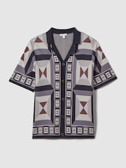 Reiss Blue Multi Beresford Knitted Cuban Collar Shirt - Image 2 of 6