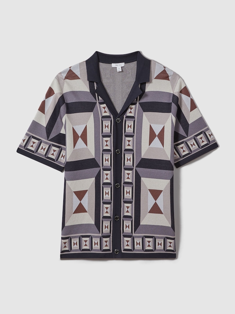 Reiss Blue Multi Beresford Knitted Cuban Collar Shirt - Image 2 of 6