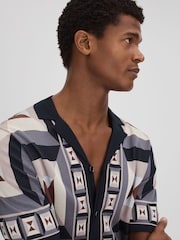 Reiss Blue Multi Beresford Knitted Cuban Collar Shirt - Image 4 of 6