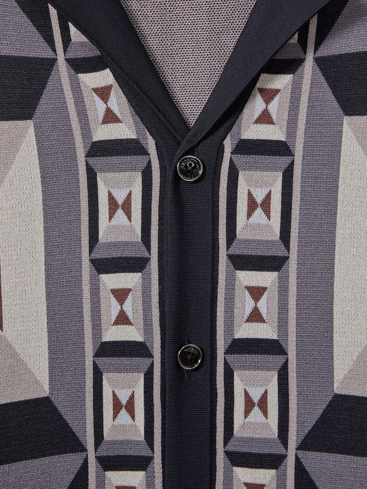 Reiss Blue Multi Beresford Knitted Cuban Collar Shirt - Image 6 of 6